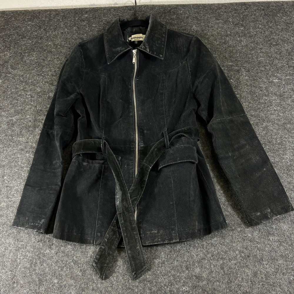 Vintage 90s Dollhouse Leather Jacket Womens M Black Belted Zip Up Mid Length
